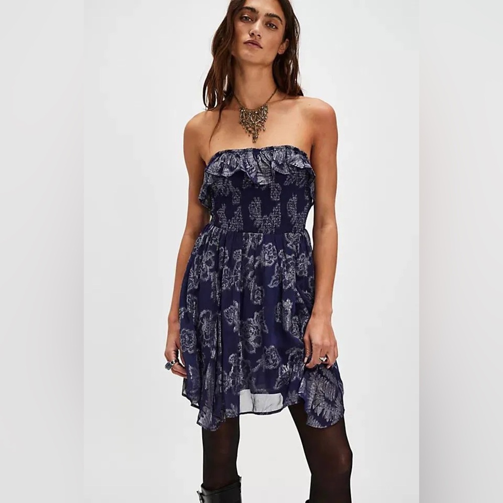 New Free People Gardenia Mini Dress Navy Combo